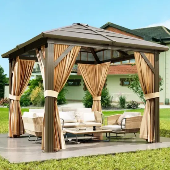 Hardtop Gazebo, Outdoor Polycarbonate Roof Canopy, Heavy Duty Hardtop Pavilion with Netting and Curtains image {8}