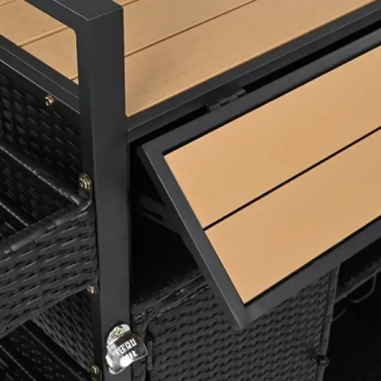 Wooakway 53"W Outdoor Grill Cart with Wheels Black Brown Wicker Rolling Kitchen Island with Storage and Extension Tabletop image {11}