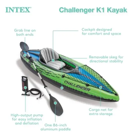 Intex Challenger K1 1 Person Durable Vinyl Streamline Sporty Kayak with Inflatable Seat and Backrest, Oar, Pump, Carrying Bag, and Repair Kit (2 Pack) image {1}