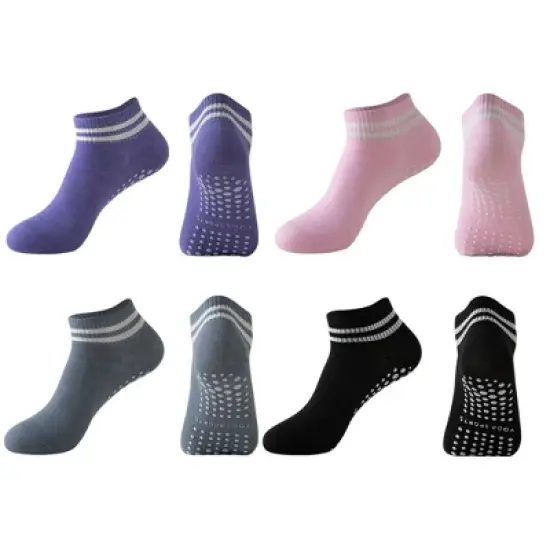 Anna-Kaci 4 Pairs Women's Ankle Grip Yoga Socks Soft Cotton Non-Slip Bottom Striped Cuff image {7}