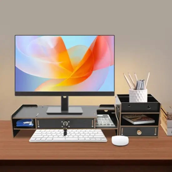 YIYIBYUS Desktop Organizer Rack, Computer Monitor Stand with Lockable Drawer, Monitor Stand image {2}