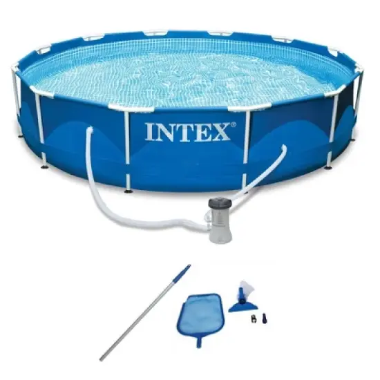 Intex 12' x 2.5' Round Pool w/ Filter Pump & Pool Cleaning Kit w/ Vacuum & Pole image {6}