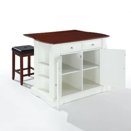 Coventry Drop Leaf Top Kitchen Island with Upholstered Square Stools White - Crosley image {8}