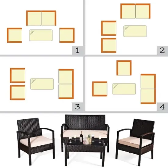 Costway 4PCS Patio Rattan Conversation Furniture Set Cushioned Seat Glass Table image {4}