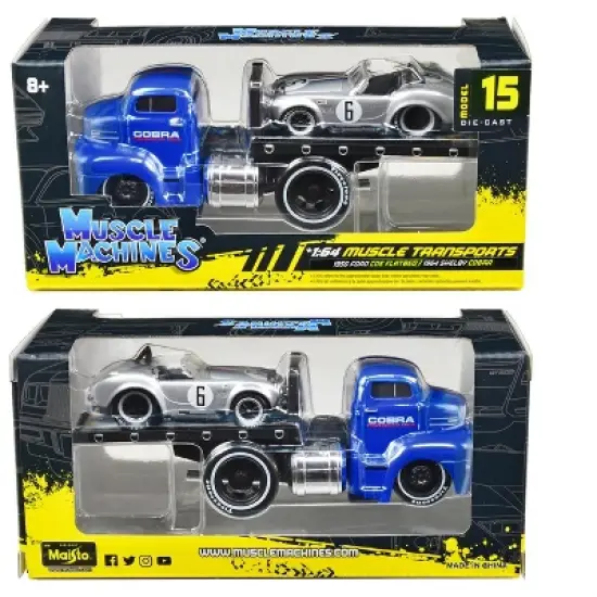 1950 Ford COE Flatbed Truck Blue & 1964 Shelby Cobra #6 Silver Metallic with Stripes 1/64 Diecast Model Cars by Muscle Machines image {2}