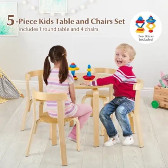 Infans 5-Piece Kids Wooden Curved Back Activity Table & Chair Set w/Toy Bricks Natural image {2}