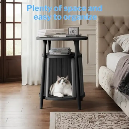 Dolonm Hidden Cat House End Table - 2-Tier Round Coffee Table Semi Enclosed Cat house Home Style Cat House Multifunctional image {3}