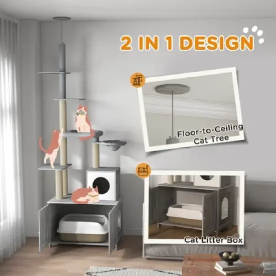 SKYONE Gray Floor-to-Ceiling Cat Tree with Hidden Litter Box, Condo, Bed, Hammock, Scratching Posts image {3}