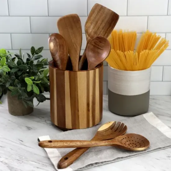 MegaChef 7 Piece Acacia Wood Kitchen Cooking Tool Utensil Set with Crock in Dark Brown image {1}