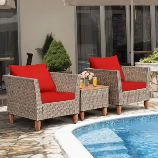 Costway 3PCS Patio Wicker Rattan Sofa Set Furniture Outdoor Acacia Wood Conversation image {13}