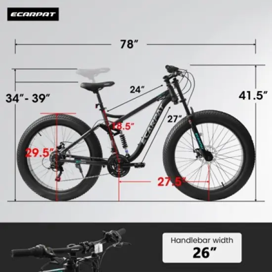 INFURNIC Bicycles 26 Inch Full Suspension Mountain Bike with Shimano 21 Speeds and Fat Tires for Men, Black, 78"*27"*41.5" image {1}