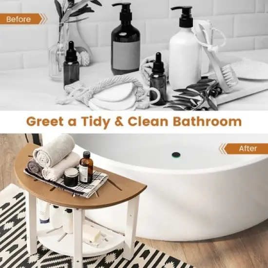 Costway Heavy Duty Waterproof HDPE Semicircular Shower Bench 2-Tier Bath Spa Bench Off White & Brown image {6}