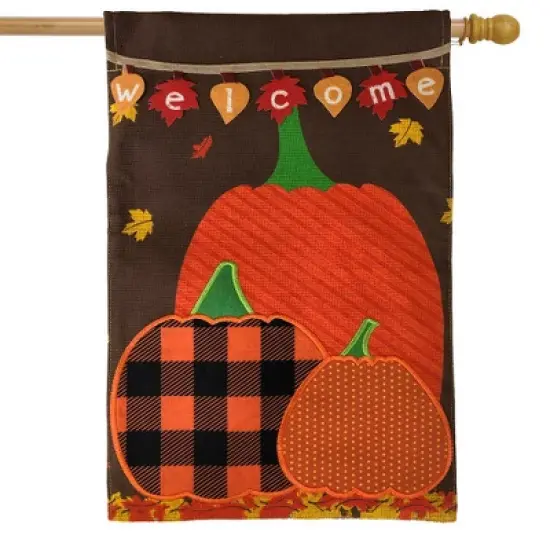 Welcome Pumpkins Autumn Burlap House Flag Patchwork Fall 28"x40" Briarwood Lane image {1}