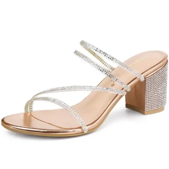 Allegra K Women's Strappy Rhinestone Block Heel Slide Sandals image {8}