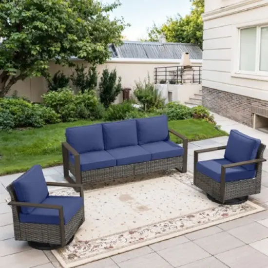 POCASSY 3 Pieces Patio Furniture Set with 3-Seater Sofa and 2 Swivel Glider Rocking Chairs, All Weather Wicker Outdoor Conversation Set with Metal Arm image {10}