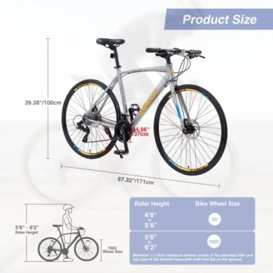 INFURNIC Bicycles 24 Speed Hybrid Road Bike with Disc Brakes and Aluminum Rims for City Riding, Silver, 67.32"*14.56"*39.37" image {4}