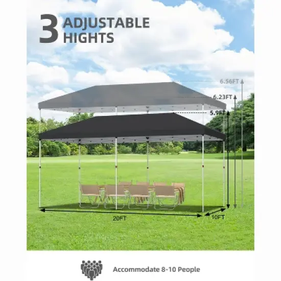 10x20 Pop Up Canopy - Easy Up Camping Tent with One Roller Bag, 3 Adjustable Height, 4 Weight Bags for Deck, Garden, Sports, Beach, Party image {3}