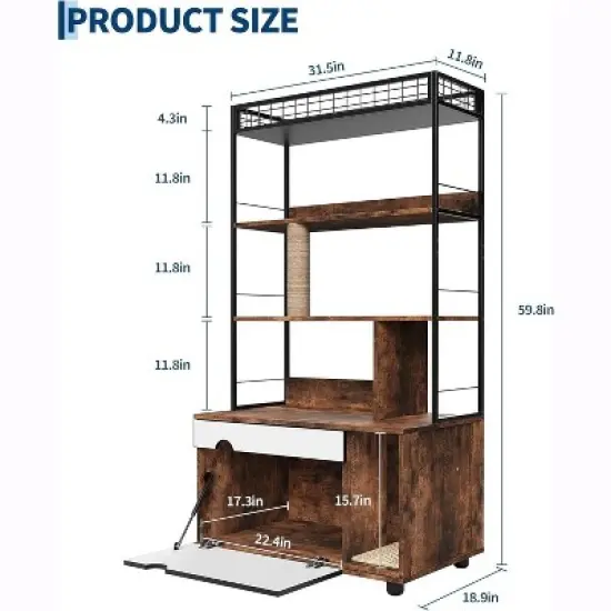Hidden Litter Box with 4-Tier Storage Rack, Post Wood & Metal 2 in 1 Pets Furniture with Scratching Post & Cushioned Mat image {1}