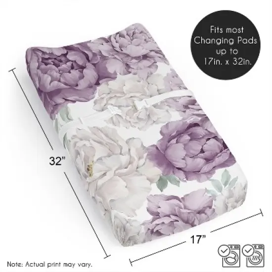 Sweet Jojo Designs Girl Changing Pad Sheet Peony Floral Garden Lavender Purple and Ivory image {5}