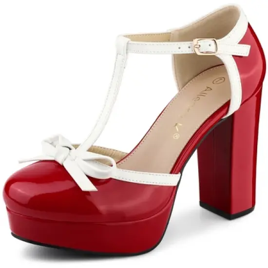 Allegra K Women's Platform Bow T-Strap Chunky Heels Pumps image {7}