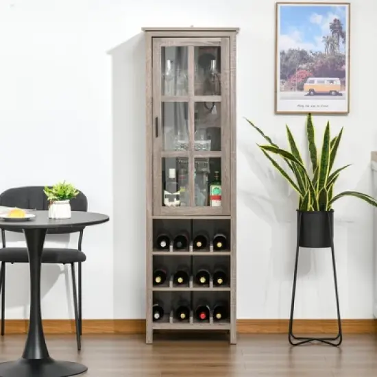 HOMCOM Tall Wine Cabinet, Bar Display Cupboard with 12-Bottle Wine Rack, Glass Door and 3 Storage Compartment for Living Room, Home Bar, Dining Room image {5}