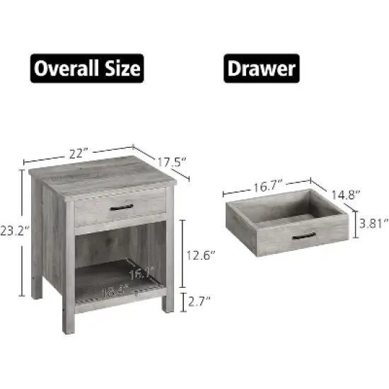 Farmhouse Nightstand, Rustic End Side Table with Drawer and Storage Shelf, Gray Night Stand Bedside Table for Bedroom, Living Room, Small Spaces image {2}