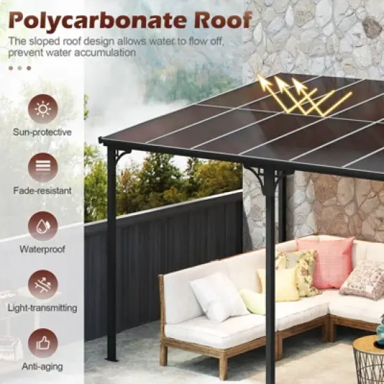 Costway 10' X 13' Wall-Mounted Patio Gazebo with  Sloped Polycarbonate Roof Metal Frame image {4}