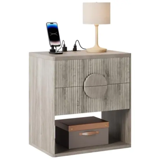 Whizmax Fluted Nightstand with Charging Station - 2 Drawers + Open Shelf, Modern Wood Bedside Table for Bedroom & Living Room Storage image {8}