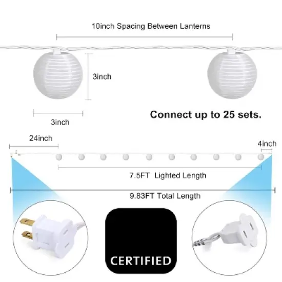 Itopfox Lantern String Lights Plug in, Outdoor White Lights for Patio, Bedroom with 10 Nylon Lanterns (Assembly Required) image {1}