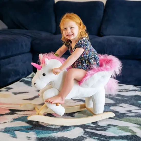 Qaba Kids Rocking Horse, Wooden Plush Ride-On Unicorn Chair Toy with Lullby Song for 18-36 months children image {1}