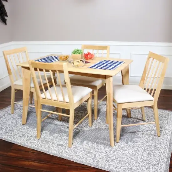 Sunnydaze Indoor 5-Piece Solid Rubberwood Dining Table and Chairs Set - Natural with Beige Cushions image {2}
