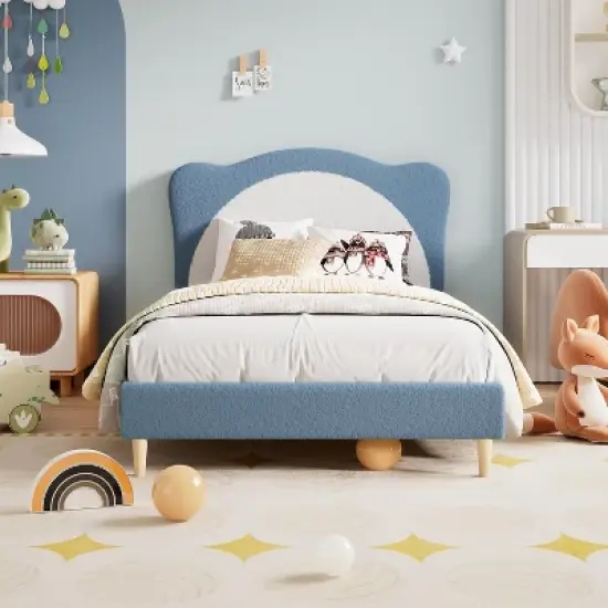 Upholstered Kids Bed Frame with Adjustable Scalloped Headboard, Cute Velvet Princess Platform Bed for Girls, Solid Wood Slats Support image {2}