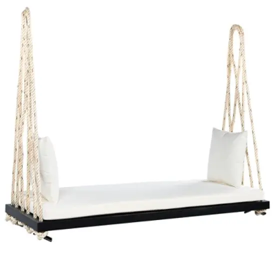 63" Acacia Wood Hanging Patio Swing Chair with Cushions & 10.8ft Hemp Ropes, Porch Swing Bench, 400 lbs Capacity image {6}