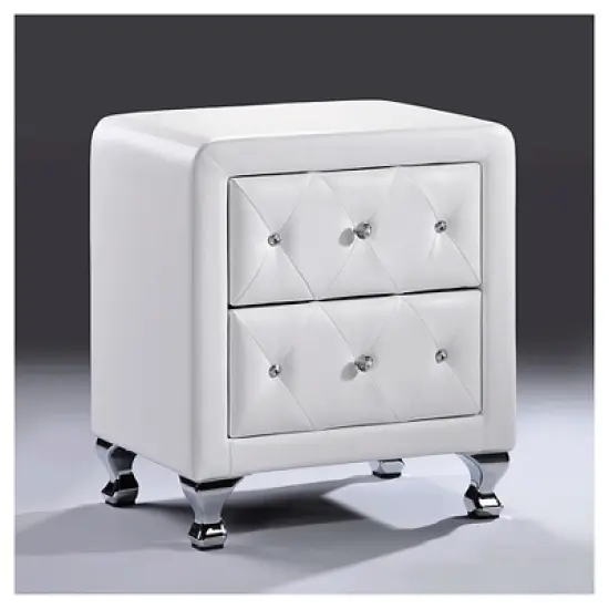 Stella Crystal Tufted Upholstered Modern Nightstand - White - Baxton Studio: Glamorous Design, Chrome Legs, Faux Leather image {1}