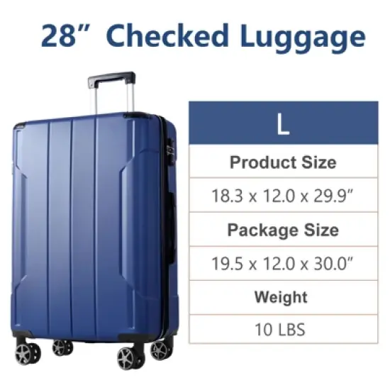28 Inch Blue Hardshell Luggage Lightweight Durable ABS Suitcases with Double Wheels Expandable Checked image {5}
