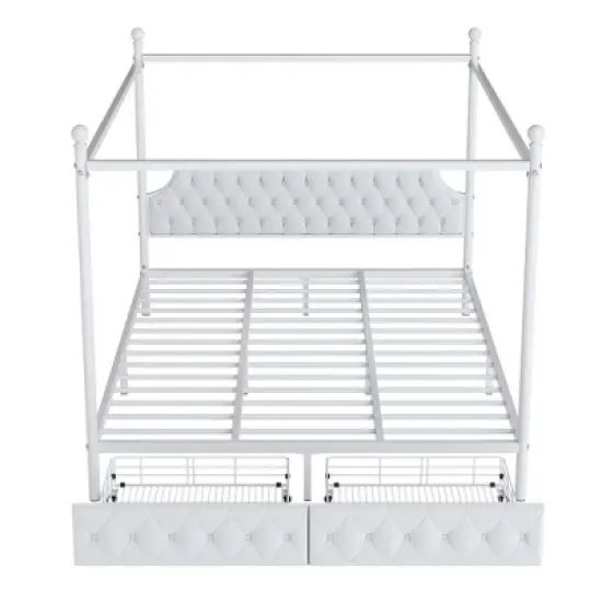 King/Queen Size Metal Canopy Platform Bed Frame with Upholstered Headboard and Two Storage Drawers, White -ModernLuxe image {7}