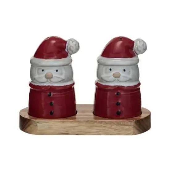 Storied Home Stoneware Santa Shaped Salt and Pepper Shakers on an Acacia Wood Tray, Red, White and Natural image {3}