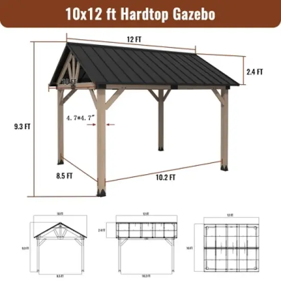 Mondawe 10 x 12 ft. Wooden Gazebo Cedar Framed Gazebo,Patio Steel Hardtop Gazebo with Galvanized Steel Gable Hardtop Roof image {10}