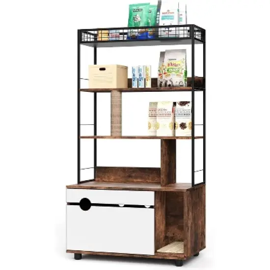 Cat Litter Box Enclosure with 4-Tier Storage Rack, Hidden Litter Box Furniture with Scratching Post, Indoor Cat House Furniture with Cushioned Mat image {7}