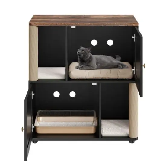 Cat Litter Box Enclosure, Hidden Litter Box Cabinet Furniture with Double-Layer Litter Mats and Scratching Board for 2 Cats image {4}