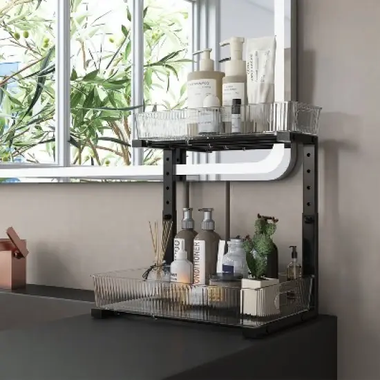 Acrylic Under Sink Organizer, 2 Tier Adjustable Pull Out Cabinet Storage Rack with Sliding Drawers for Kitchen, Bathroom Organization image {2}