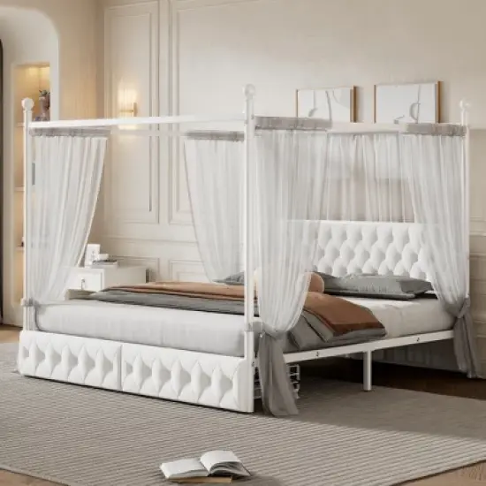 King/Queen Size Metal Canopy Platform Bed Frame with Upholstered Headboard and Two Storage Drawers, White -ModernLuxe image {2}