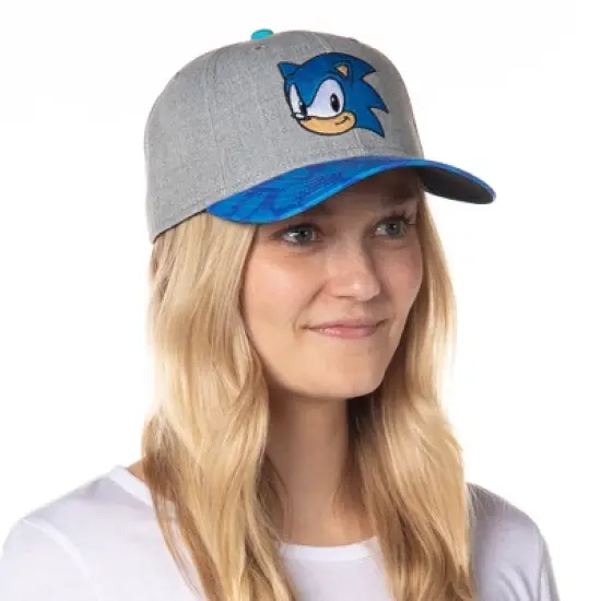 Sonic The Hedgehog Embroidered Face Pre-Curved Bill Adjustable Snapback Hat Cap Grey image {3}