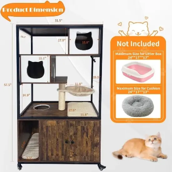 Jojoka Pet Litter Box Enclosure, Hidden Cat House Furniture with Metal Frame, Cat Tower with Storage, Barn Door, and Wheels image {1}