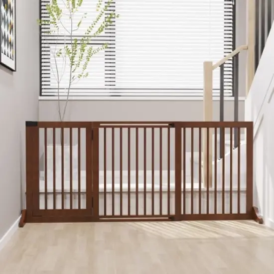 PawHut Adjustable Wooden Pet Gate, Freestanding Dog Fence for Doorway Hall, 3 Panels w/ Safety Barrier Lockable Door image {1}