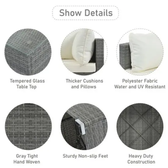 FIONECA 8-Piece Outdoor PE Wicker Patio Furniture Set, Modular Garden Sofa Set with Beige Cushions, Gray Rattan Conversation Set image {3}