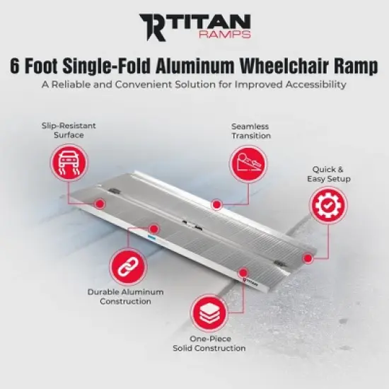 Titan Ramps Single-Fold Wheelchair Ramp, 6 Foot Folding Aluminum Scooter Ramp with Textured Surface and Carry Handle, 600 Pound Capacity image {1}