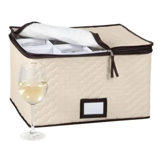 Wine Glass Storage Box with Dividers, Durable Quilted Microfiber - Holds 12 Wine Glasses 3.75" W up to 10" Tall - Stemware Storage Case image {8}