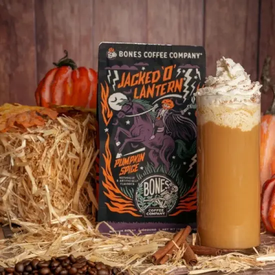 Bones Coffee Company Jacked O' Lantern, Pumpkin Spice Flavor 12 oz (Whole Bean) image {2}