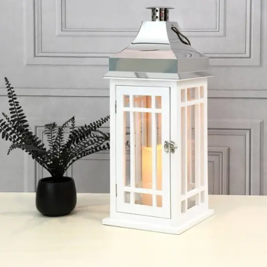 LumaBase Wooden Lantern with Battery-Operated Candle - White with Chrome Roof image {2}